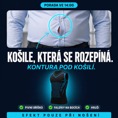 Košile, která se rozepíná mezi knoflíky, a kompresní tílko KONTURA nošené pod košilí
