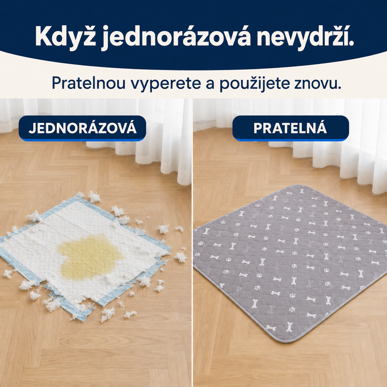 Jednorázová podložka s viditelnou nehodou versus čistá pratelná podložka