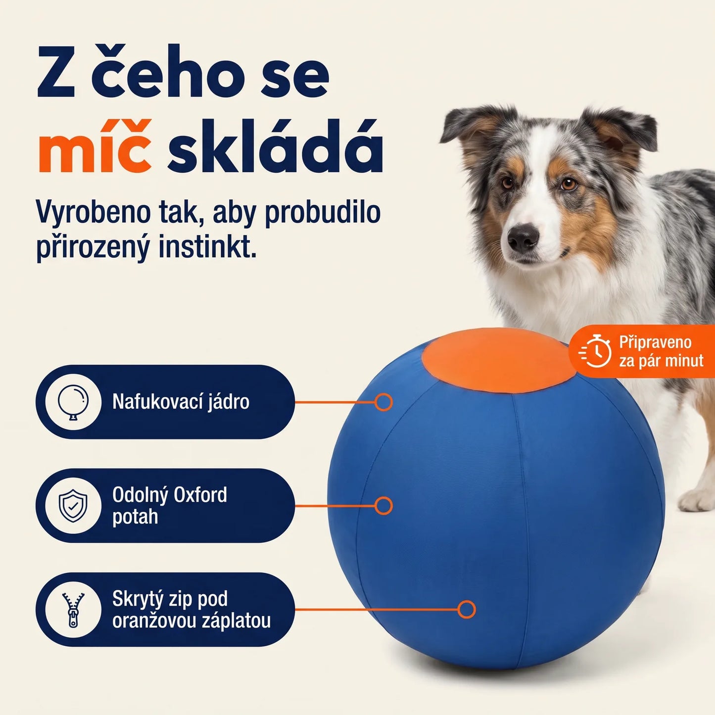 Z čeho se míč skládá — nafukovací jádro, Oxford potah, skrytý zip pod záplatou