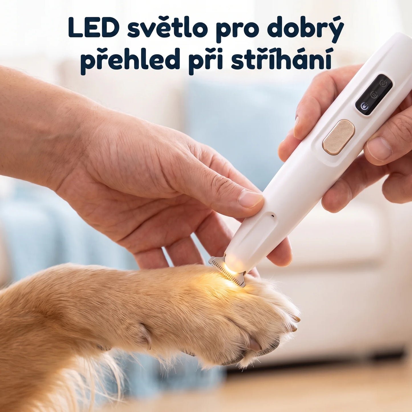 LED světlo pro dobrý přehled při stříhání — bílý zastřihovač Kalivoro PawTrim Pro s nasvícenou hlavou