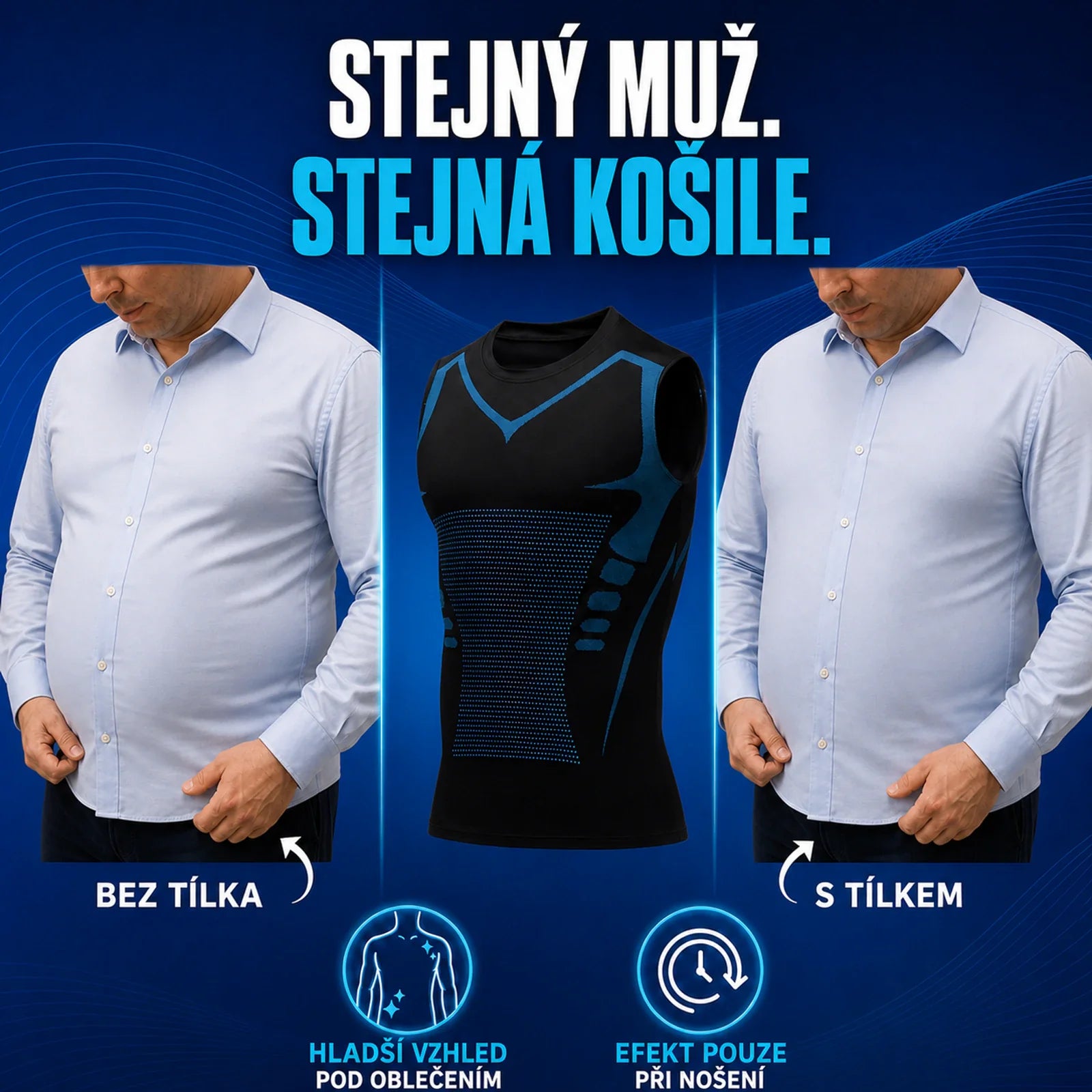 Ilustrace: stejný muž ve stejné košili bez tílka a s tílkem KONTURA — hladší vzhled pod oblečením