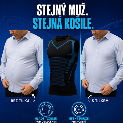Ilustrace: stejný muž ve stejné košili bez tílka a s tílkem KONTURA — hladší vzhled pod oblečením