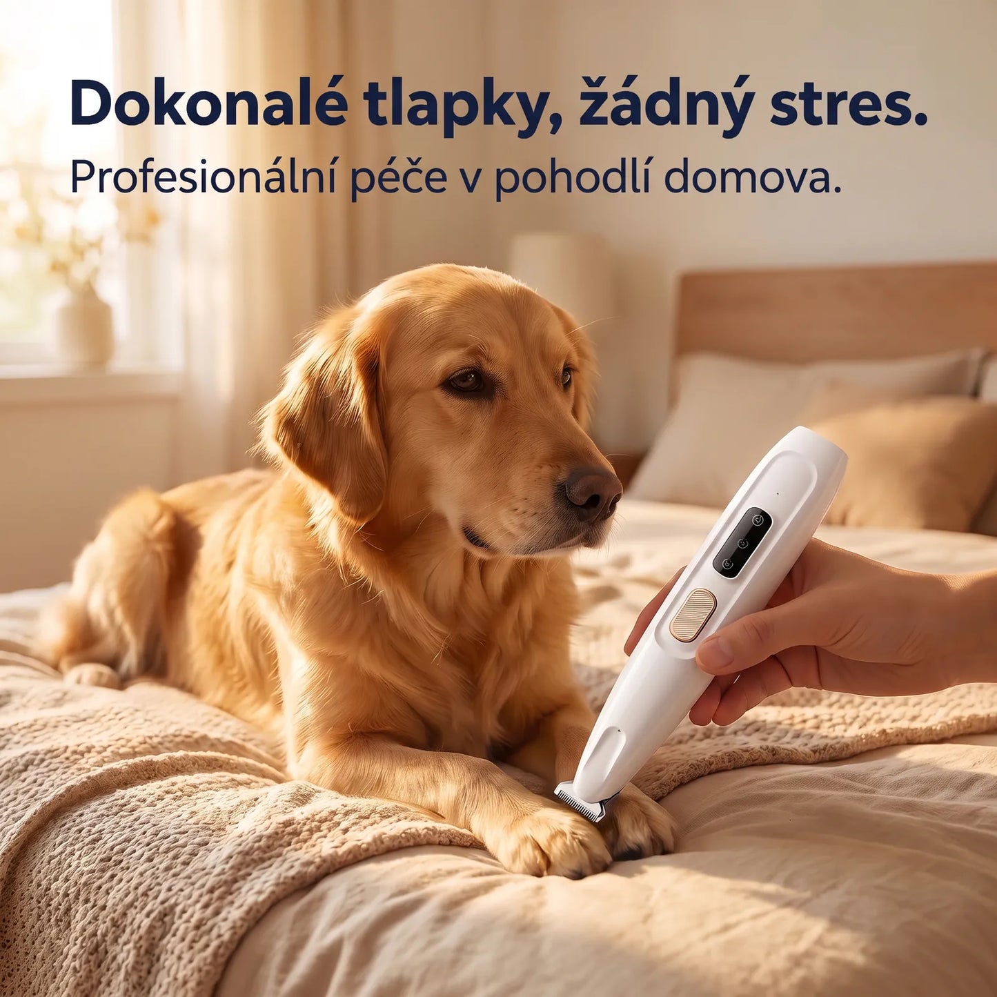 Dokonalé tlapky bez stresu — klidná péče doma, pes odpočívá, jemné zastřižení tlapky