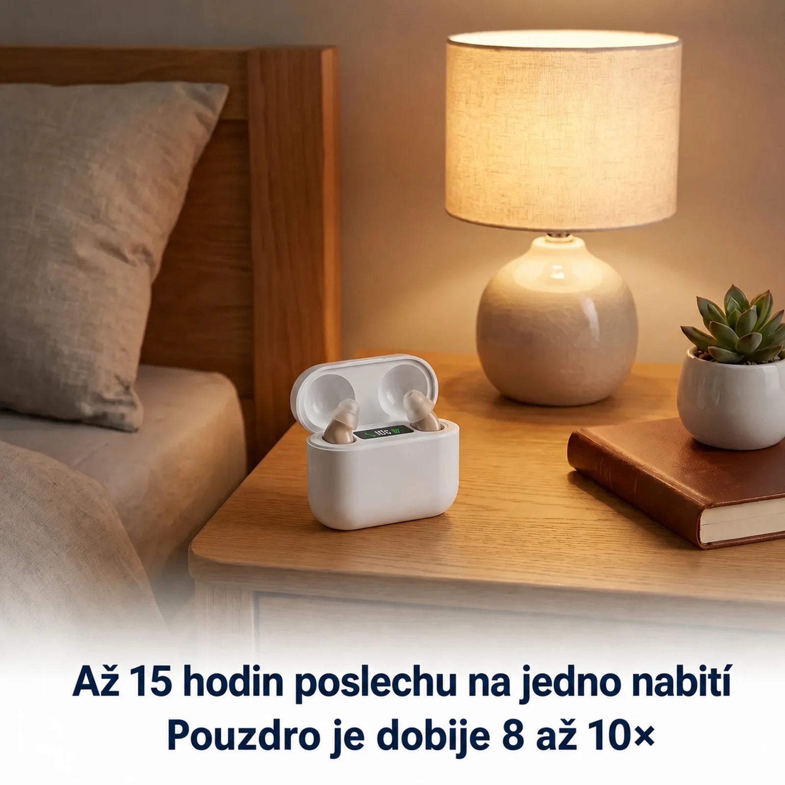 Nabíjecí pouzdro ClearHear na nočním stolku vedle lampy