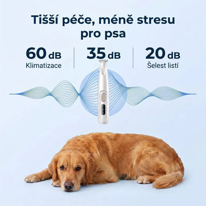 Tišší péče, méně stresu pro psa — tichý chod okolo 35 dB, klidný zlatý retrívr