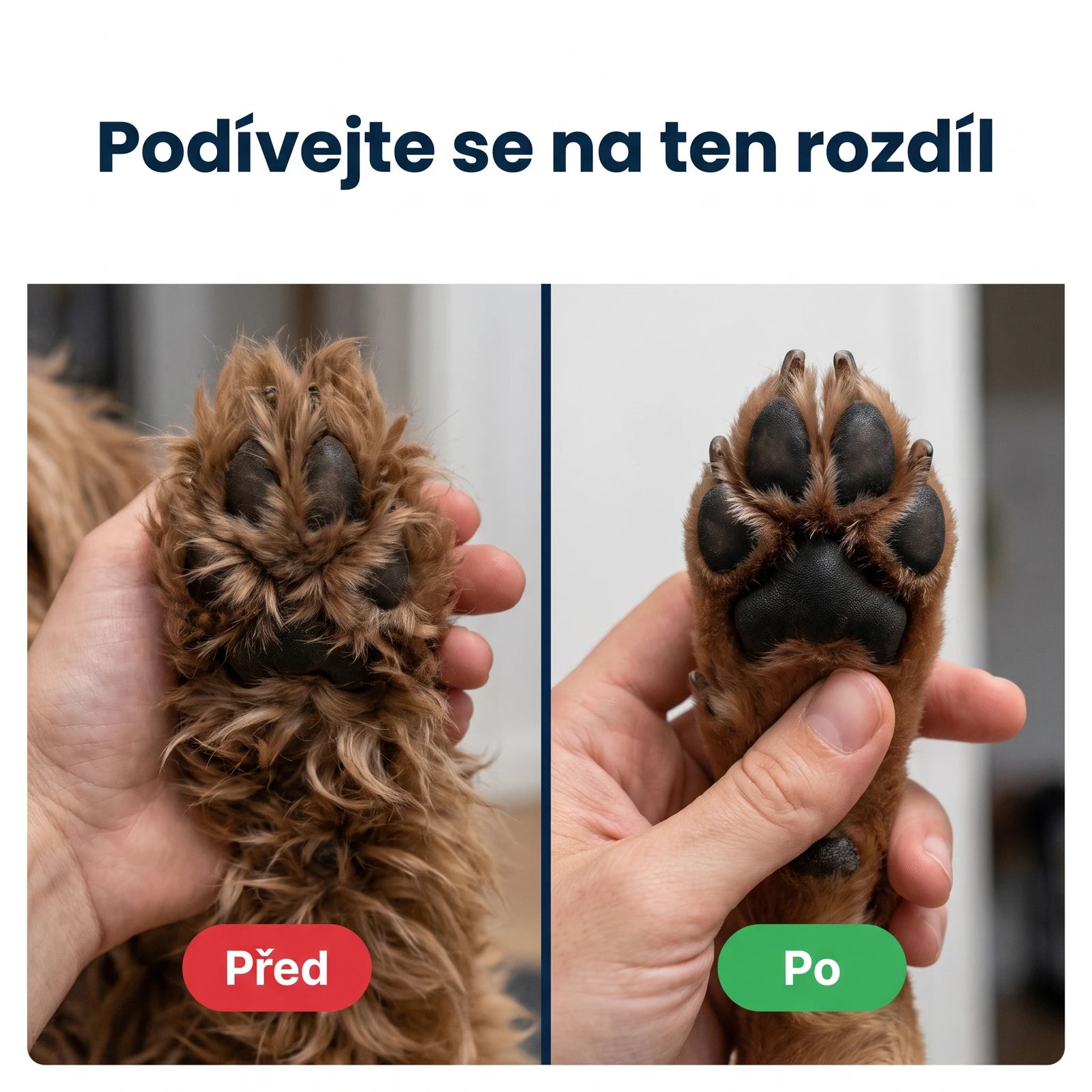 Před a po — tlapka psa před zastřižením s dlouhou srstí a po zastřižení s čistými polštářky