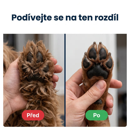 Před a po — tlapka psa před zastřižením s dlouhou srstí a po zastřižení s čistými polštářky