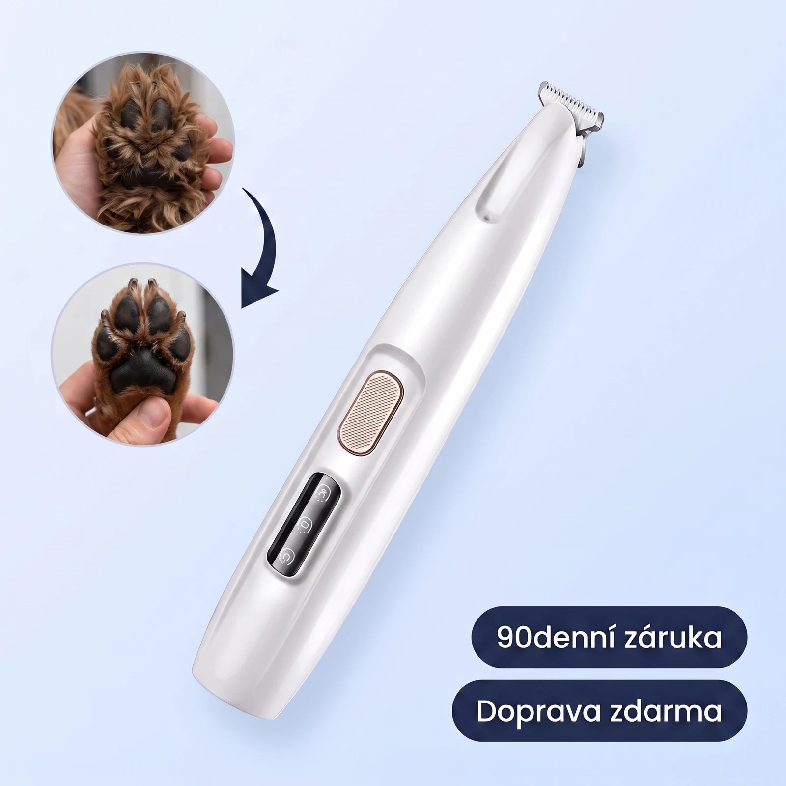 Bílý zastřihovač na tlapky Kalivoro PawTrim Pro, náhled spodní strany tlapky před a po zastřižení srsti kolem polštářků, 90denní záruka a doprava zdarma