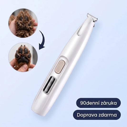 Bílý zastřihovač na tlapky Kalivoro PawTrim Pro, náhled spodní strany tlapky před a po zastřižení srsti kolem polštářků, 90denní záruka a doprava zdarma
