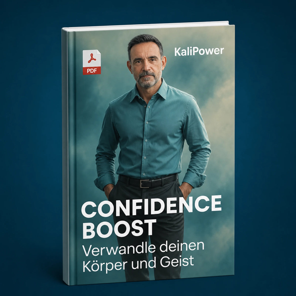 KaliPower Confidence Boost — E-Book Cover, Mann im blaugrünen Hemd