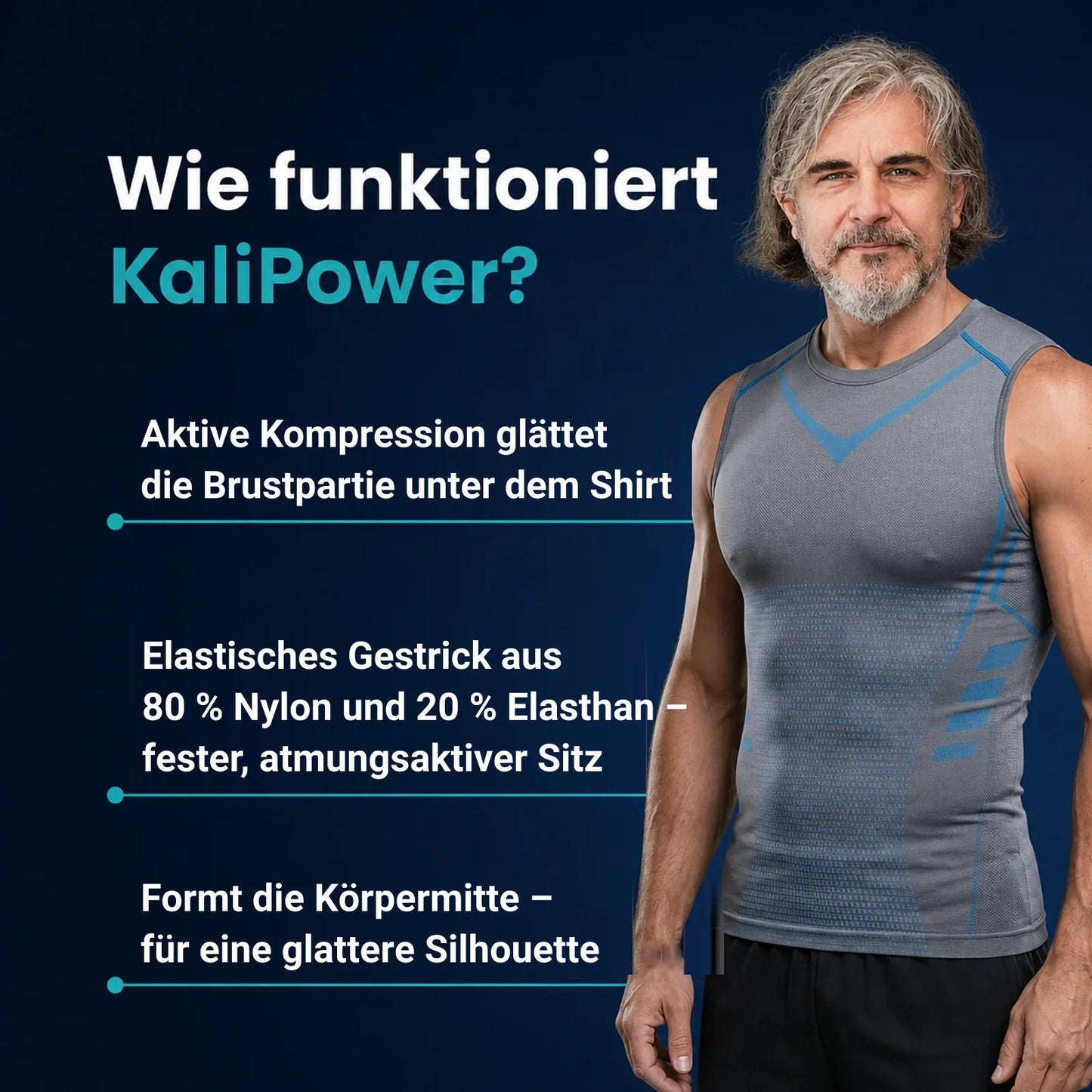 KaliPower Mechanismus: aktive Kompression glaettet die Brustpartie, elastisches Gestrick 80% Nylon 20% Elasthan, formt die Koerpermitte