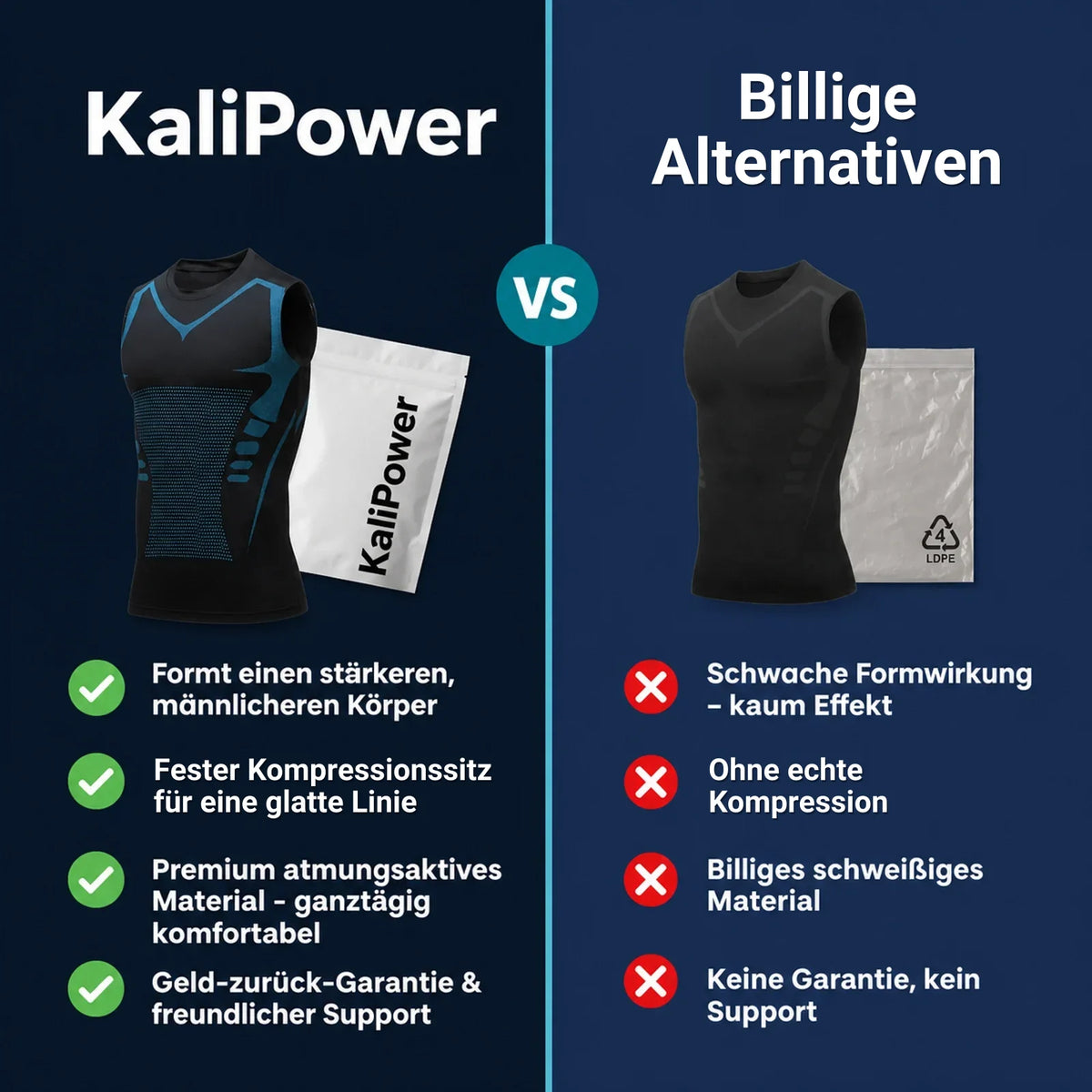 Vergleich KaliPower gegen billige Alternativen: fester Kompressionssitz, flache Naehte, atmungsaktives Material