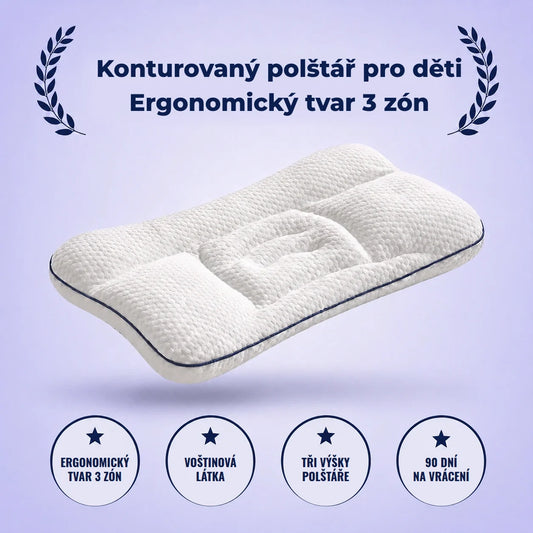 Nuvola konturovaný polštář pro děti s ergonomickým tvarem 3 zón, prošívaná voštinová látka a tmavě modrá paspulka