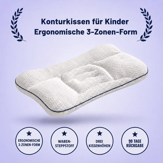 Nuvola Konturkissen für Kinder mit ergonomischer 3-Zonen-Form, Waben-Steppstoff und dunkelblauer Paspel
